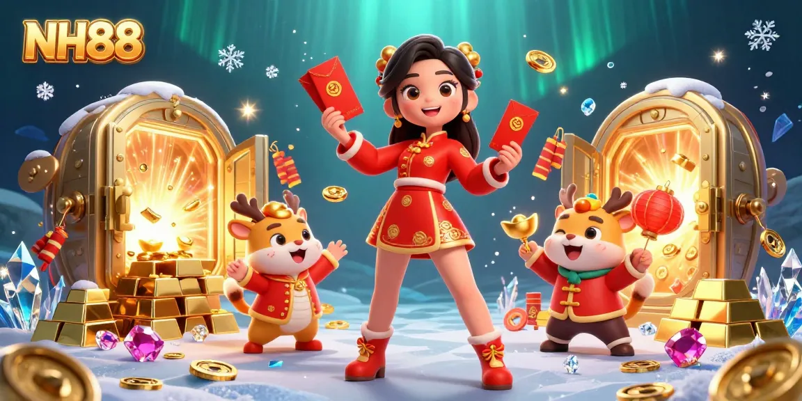Experience the vibrant casino excitement with NH88 as an Asian woman celebrates Lunar New Year amidst gold and treasures.