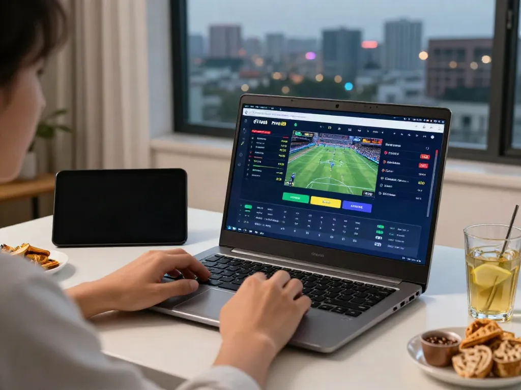 User engaging in live sports betting on the five88 platform with modern laptop and smartphone.