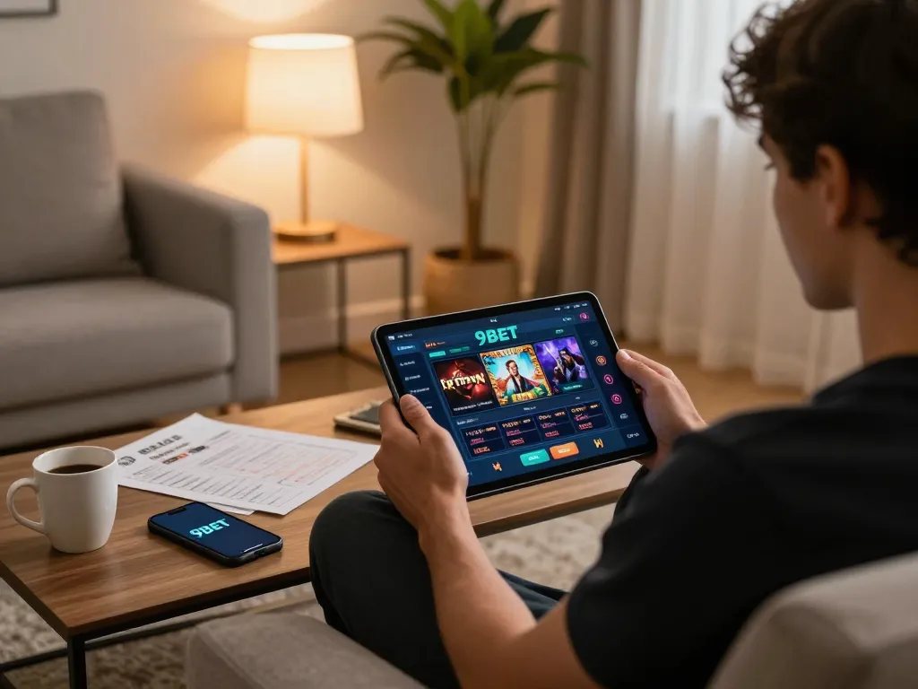 Engaging gameplay on the 9BET app while relaxing at home, emphasizing online gambling.