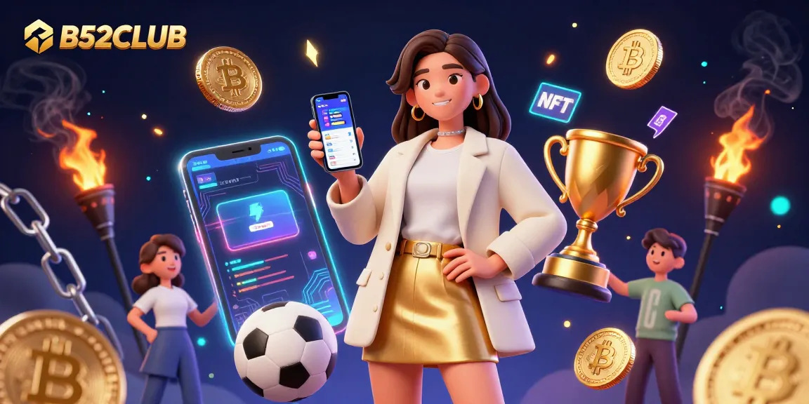 B52CLUB presents a friendly Asian woman engaging with a sports betting app in a vibrant casino-themed scene.