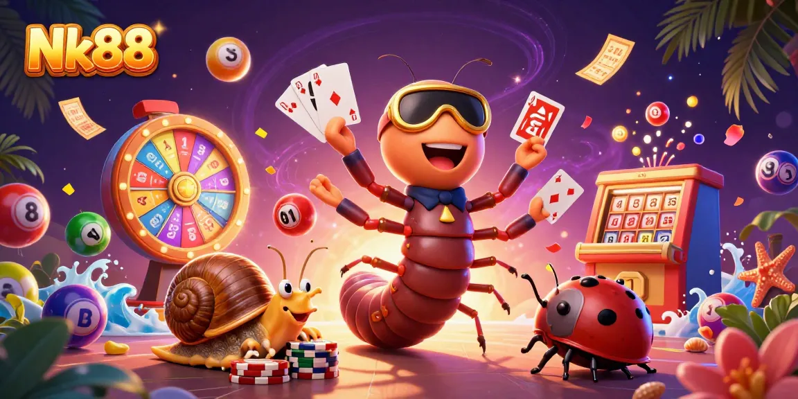 Play exciting games at Nk88 with a vibrant cartoon scene involving playful casino characters and lively elements.