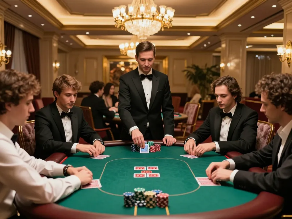 MM88 players strategizing at high-stakes poker table in an elegant casino