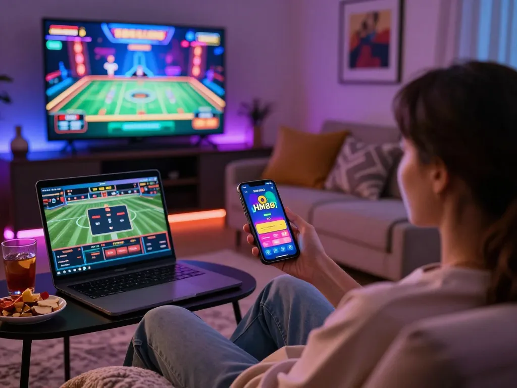 Engaging HM88 online gambling experience with user enjoying modern betting app interface at home
