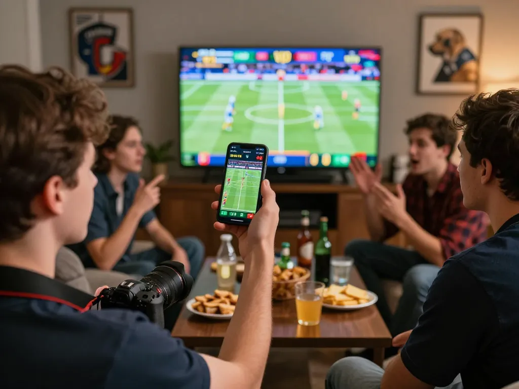 XIBET betting app engagement with friends during live sports events, showcasing excitement.