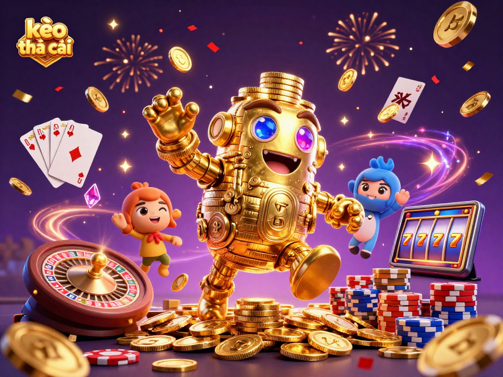 Engage with kèo nhà cái through this vibrant 3D casino illustration showcasing gold coins and gaming elements.