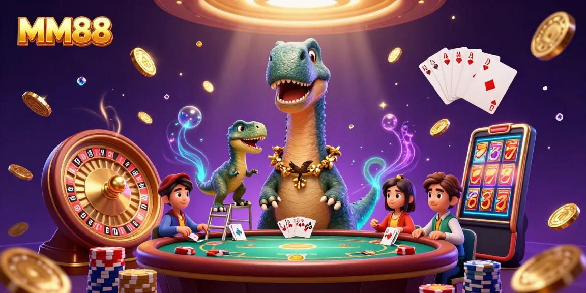 Engage with MM88's exciting casino scene featuring a vibrant 3D illustration bringing joy and thrill to players.