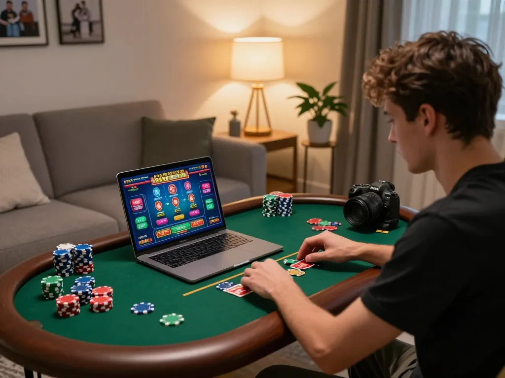 SAY88 player enjoying online gambling on a laptop with colorful chips and warm home ambiance