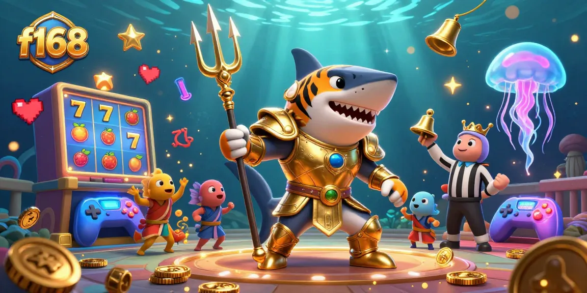 Engage in the thrilling f168 gaming experience with our dynamic 3D underwater casino scene, featuring vibrant slot machines and a golden shark gladiator.