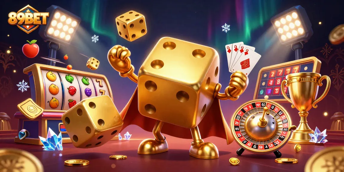 Experience thrilling gameplay at 89BET with dynamic slot reels, golden dice, and vibrant casino elements.
