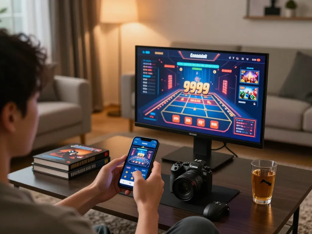 Player enjoying thrilling 999bet casino games on mobile device in cozy home setup