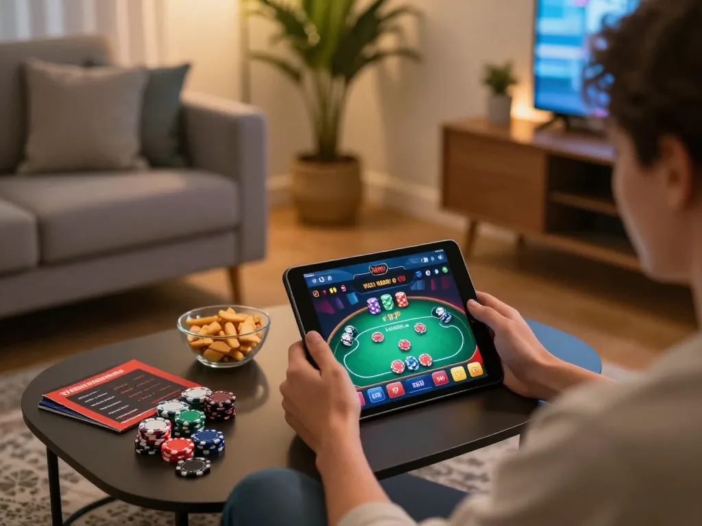 Engaging in rik vip online gambling with a mobile app, showcasing vibrant gameplay in a cozy home setting