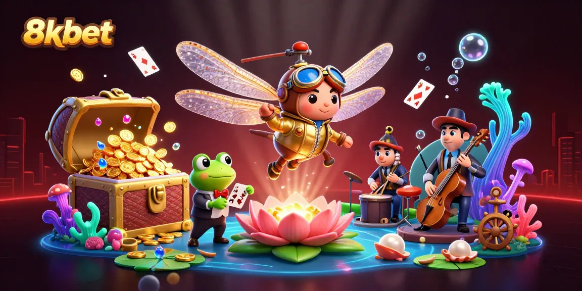 Experience the vibrant and exciting world of 8xbet with a cartoon dragonfly pilot and a frog dealer in this lively casino scene.