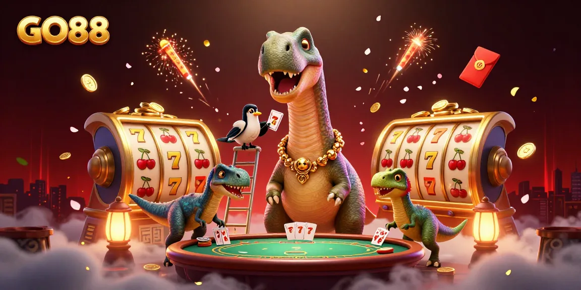 GO88 brings exciting slot gameplay to life with a whimsical dinosaur-themed casino scene.