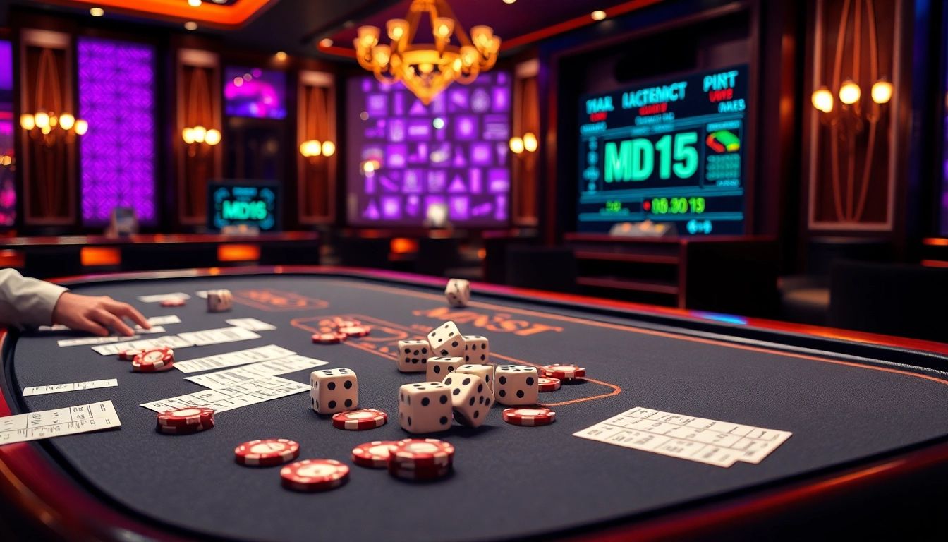 A Tài xỉu MD5 game table showcasing vibrant chips and dice, highlighting the excitement of casino gambling.