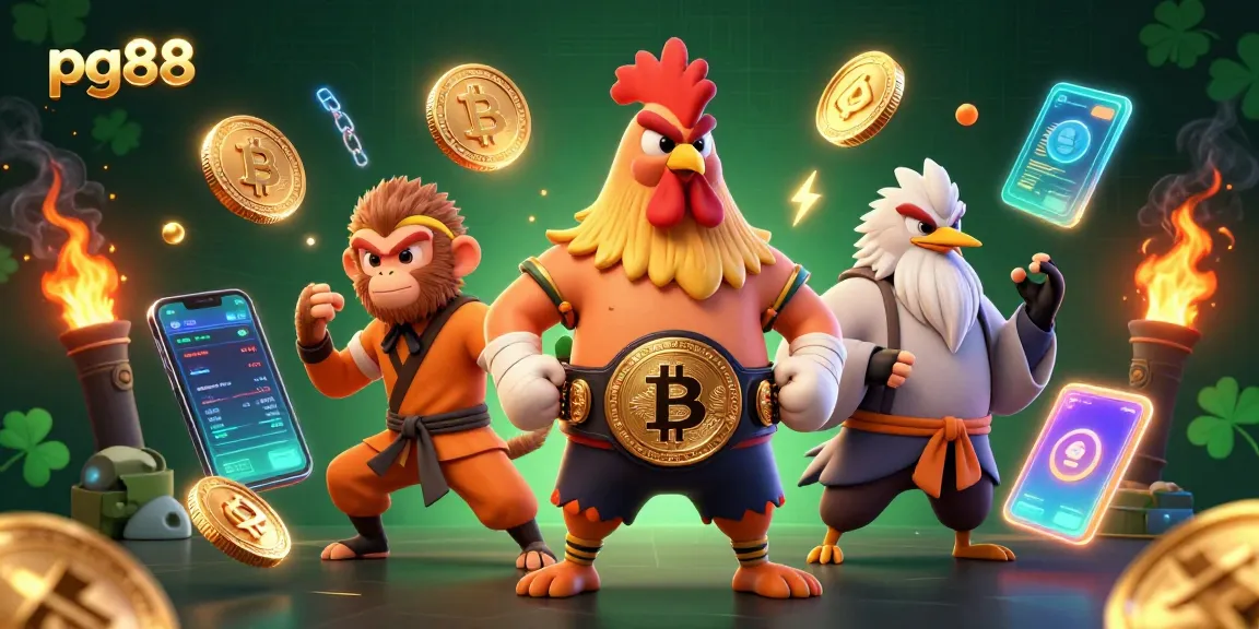 Spin to win with pg88's exciting 3D casino scene featuring Muay Thai rooster and crypto elements.