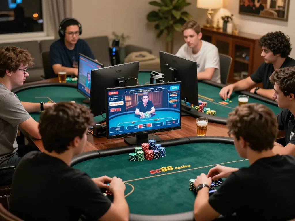 Players engaged in poker gameplay at sc88.casino, showcasing competitive excitement and strategic focus.