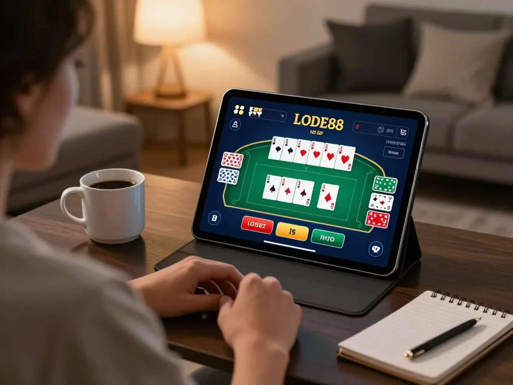 Engaging online gaming session on LODE88 shown on a tablet in a cozy living room.