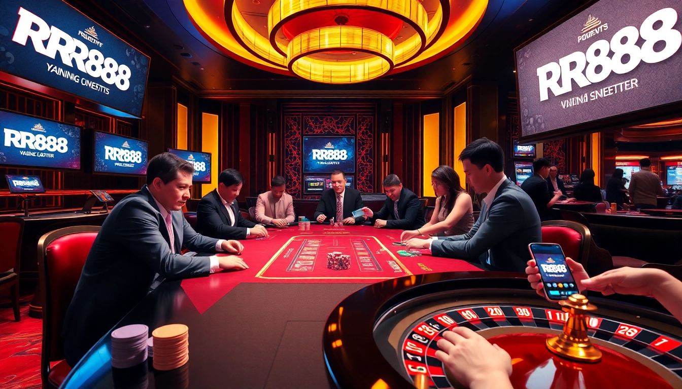 Play a thrilling card game at RR88's luxurious casino table, featuring vibrant chips and a roulette wheel.