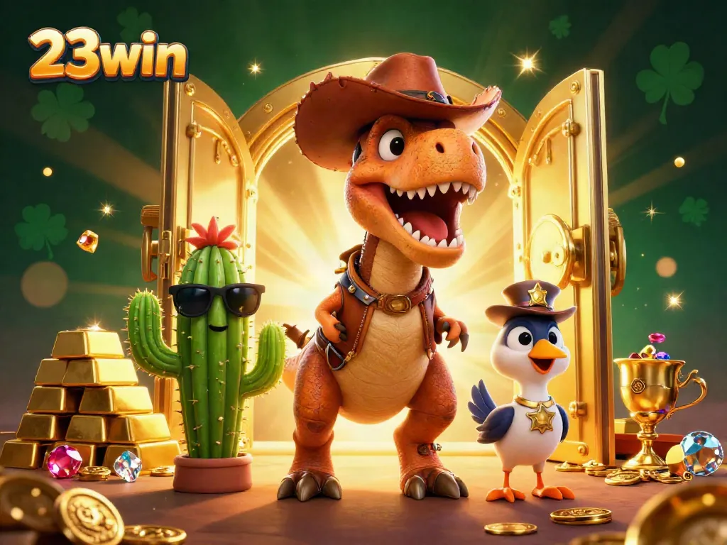 Experience thrilling gameplay with 23win as the cartoon characters find hidden treasures in a vibrant casino atmosphere.