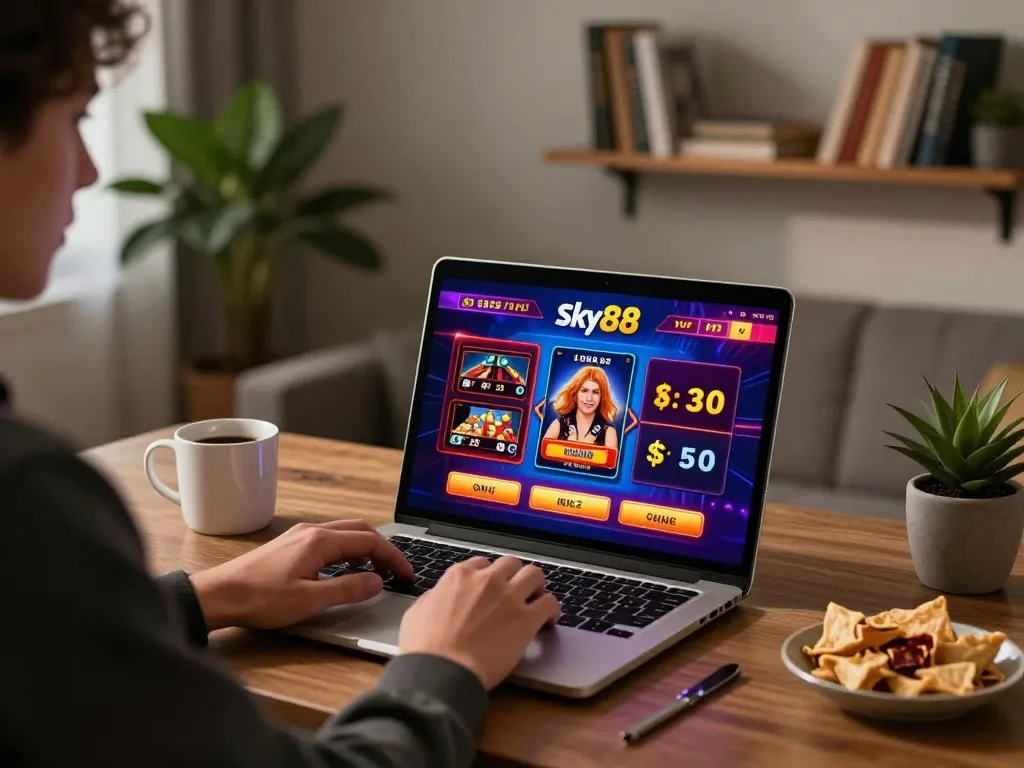 Engaging in strategic gaming at home with Sky88 uy tín on laptop screen.