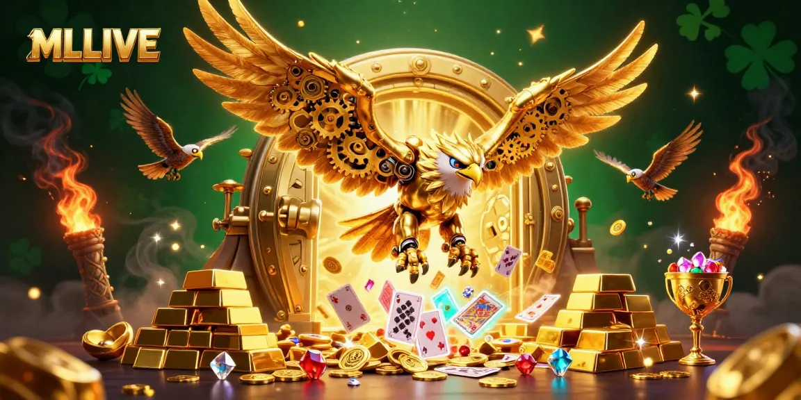 MMLIVE captivates players with a vibrant 3D casino scene, including golden treasures and holographic cards.