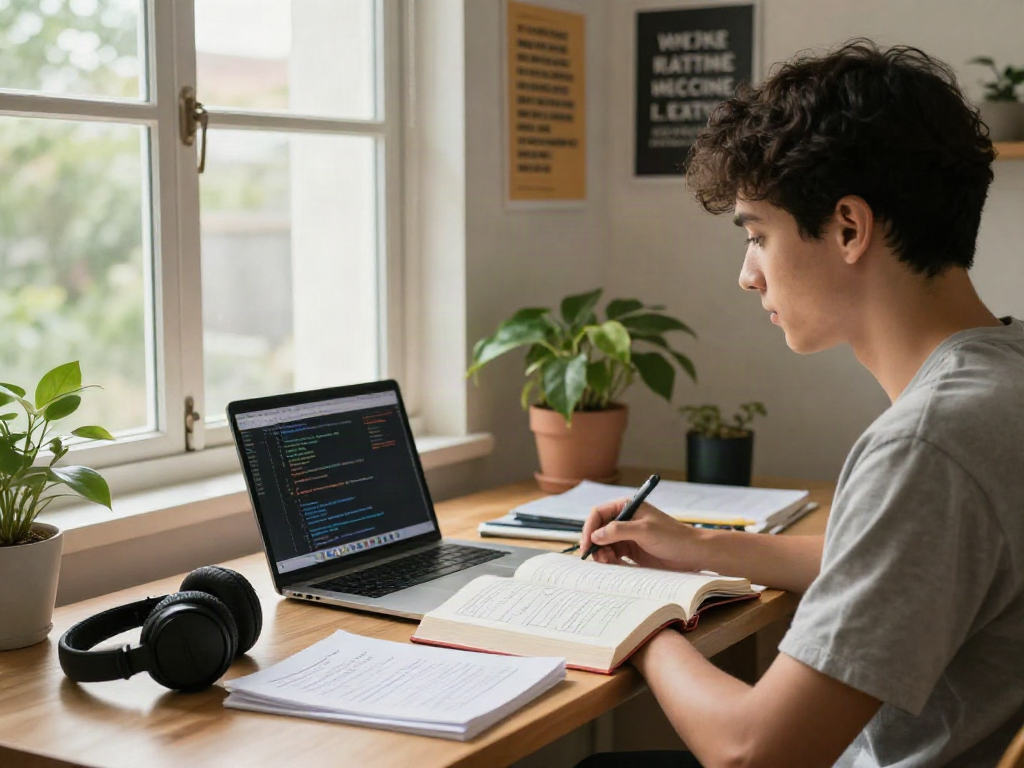 Student studying AI +18 concepts at a modern desk with books and a laptop.