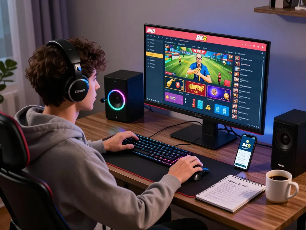 Player engaging with BK8 platform in a stylish home office setup, showcasing gaming accessories and ambiance.
