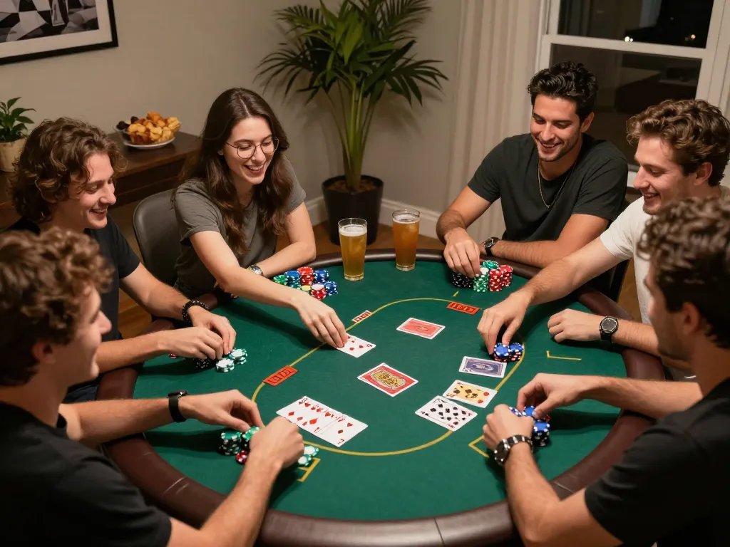 Players enjoying poker night at home, showcasing Sv368 gaming atmosphere with friends and vibrant chips.