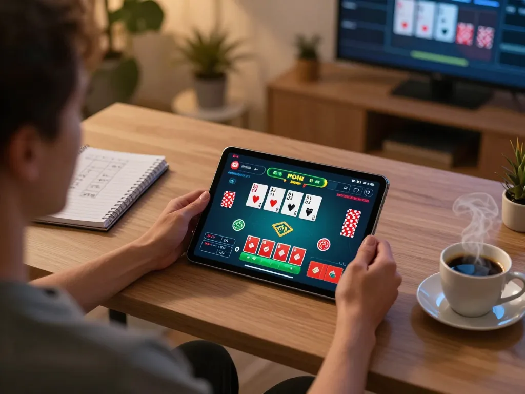 Player enjoying online gaming at nhà cái lv88 with strategic notes in a cozy home environment
