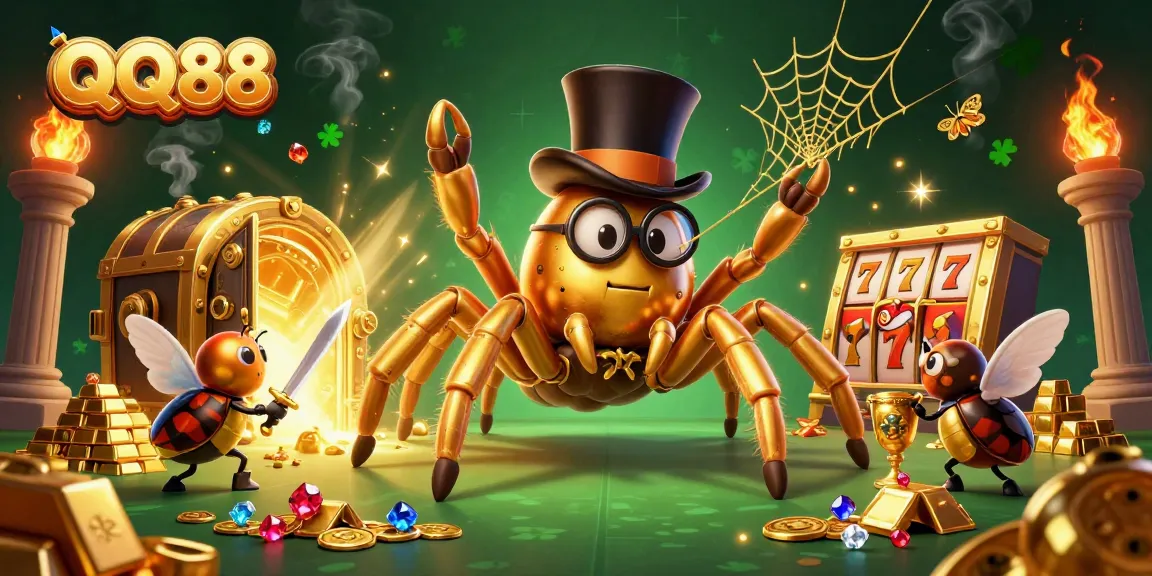 Engage with QQ88's thrilling slots through a vibrant illustration of a giant tarantula and beetle knight.