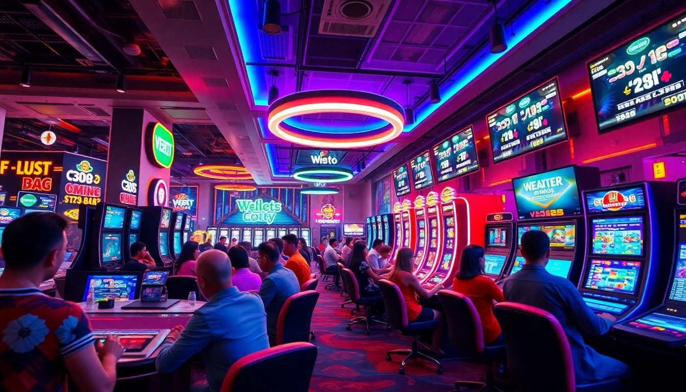 A dynamic scene at V9bet.ce online casino highlighting diverse players at various games, emphasizing a vibrant, secure gaming experience.