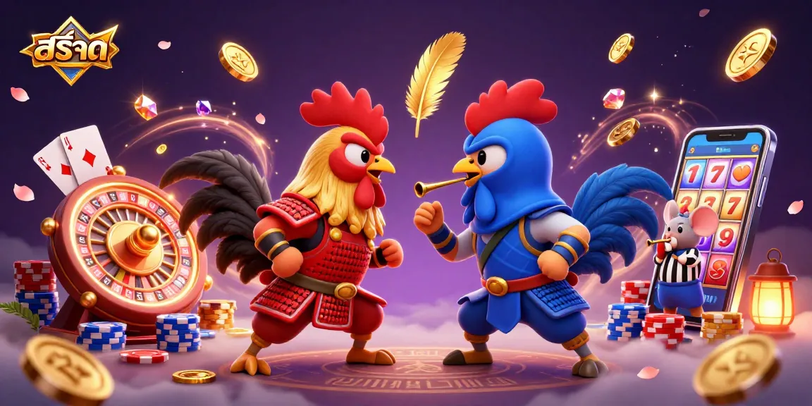 Engage in thrilling สล็อต action with cartoon roosters, dynamic coins, and colorful casino elements.