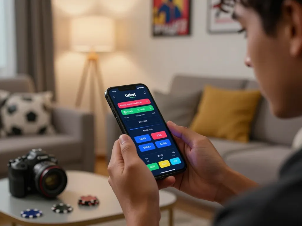 Engaging with Usbet app for sports betting on smartphone in cozy home setting.