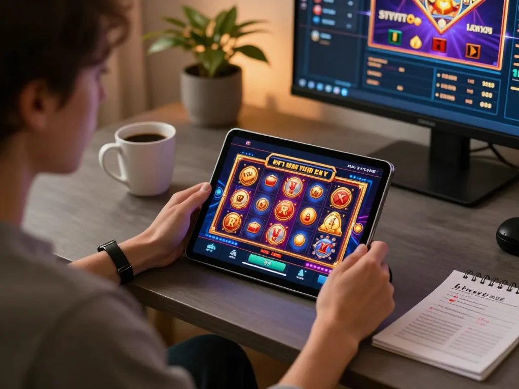 Engaging with sun win slot game on a tablet during a home gaming session.