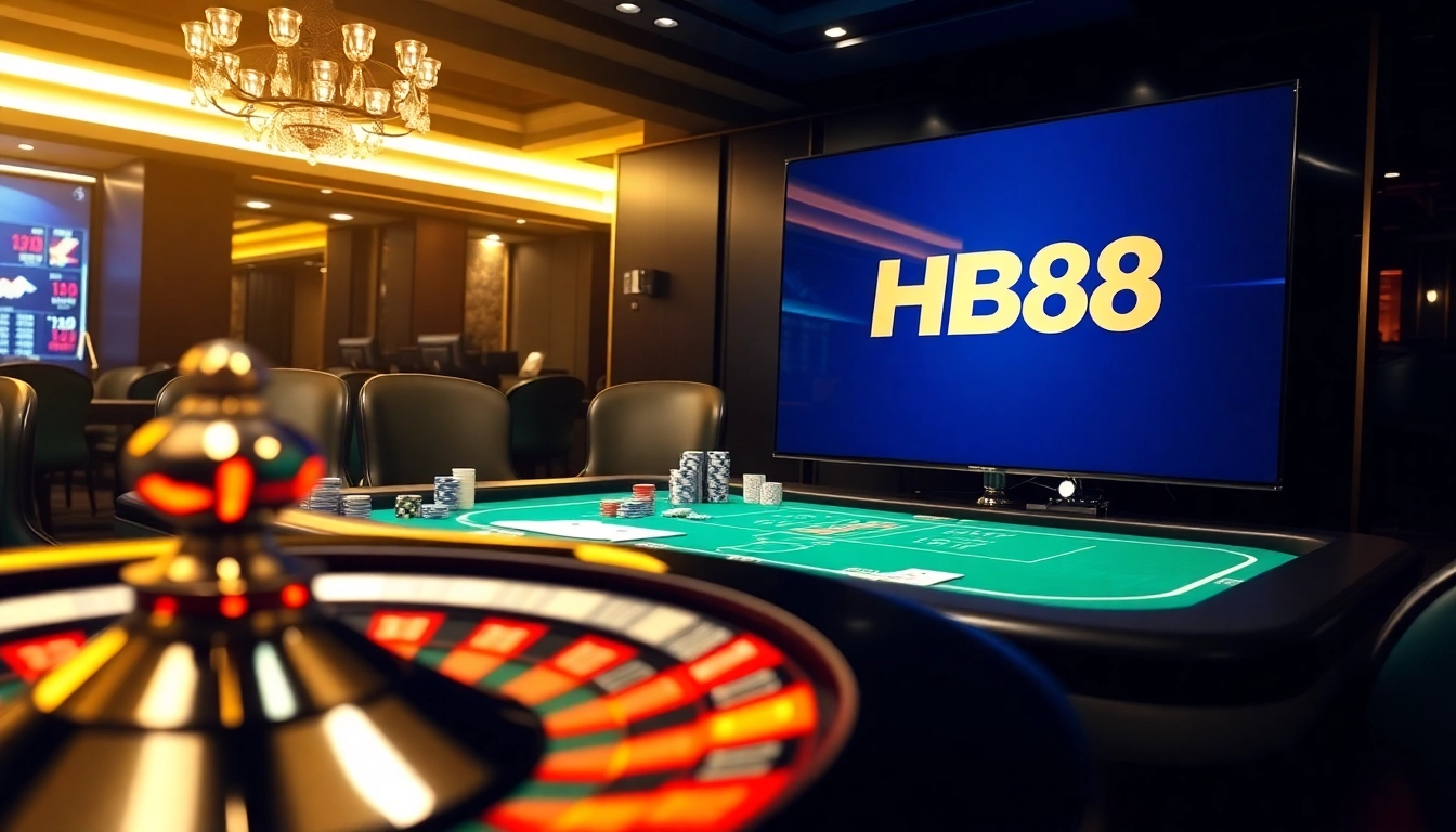 Experience the excitement of HB88 with a vibrant casino scene featuring roulette and poker elements.