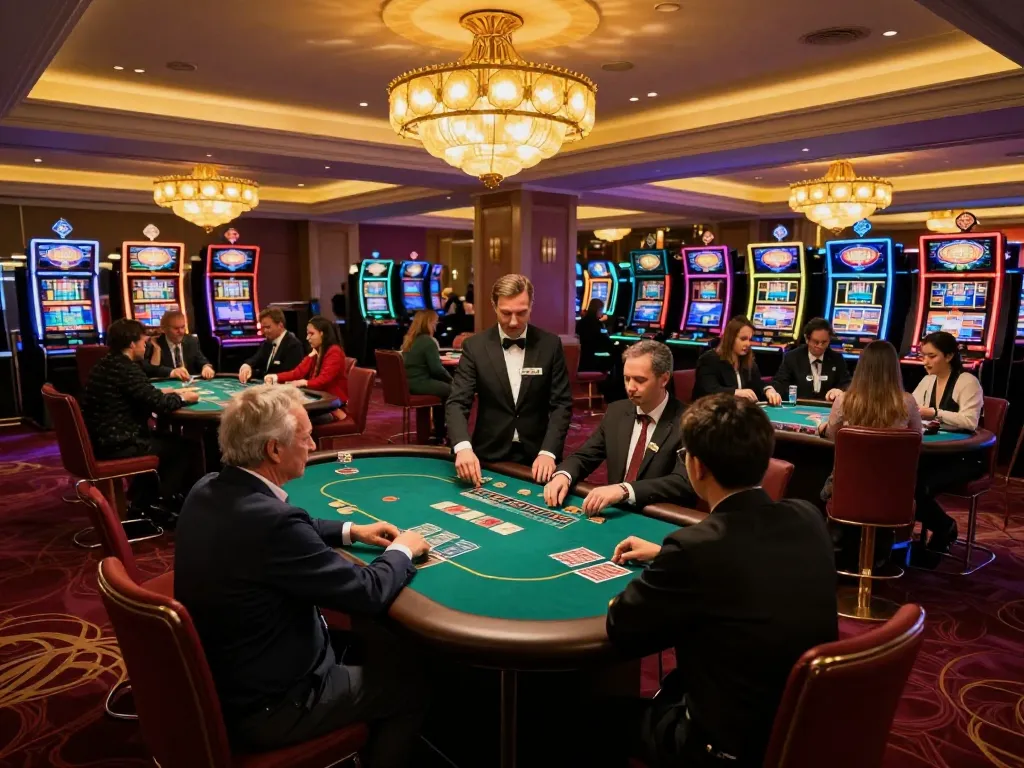 Players enjoying card games at a luxurious casino floor representing a reliable nhà cái trực tuyến uy tín environment
