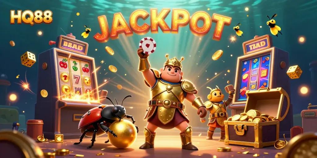 Experience jackpot excitement at HQ88 with vibrant casino elements and 3D characters celebrating wins.