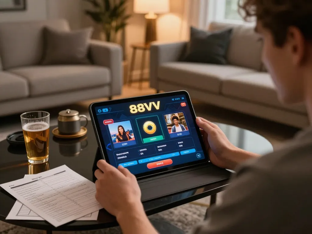 88vv player enjoying an online casino experience on a tablet in a cozy home setup