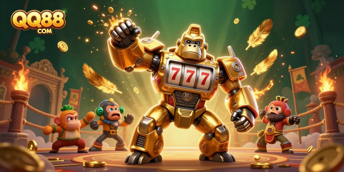 Experience the excitement of QQ88 COM with a dynamic 3D illustration showcasing a golden gorilla mech in action.