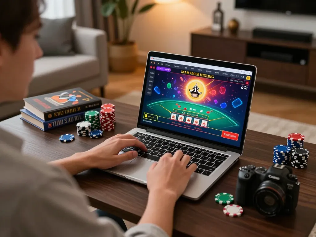 Hitclub player enjoying an exciting online blackjack game on their laptop in a cozy home setting