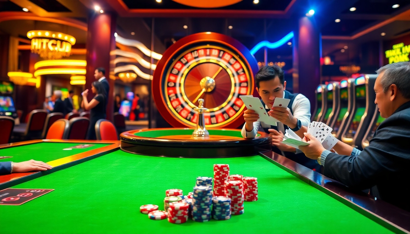 Engaging scene of Nhà cái HITCLUB showcasing exciting gambling activities with poker chips and roulette tables.