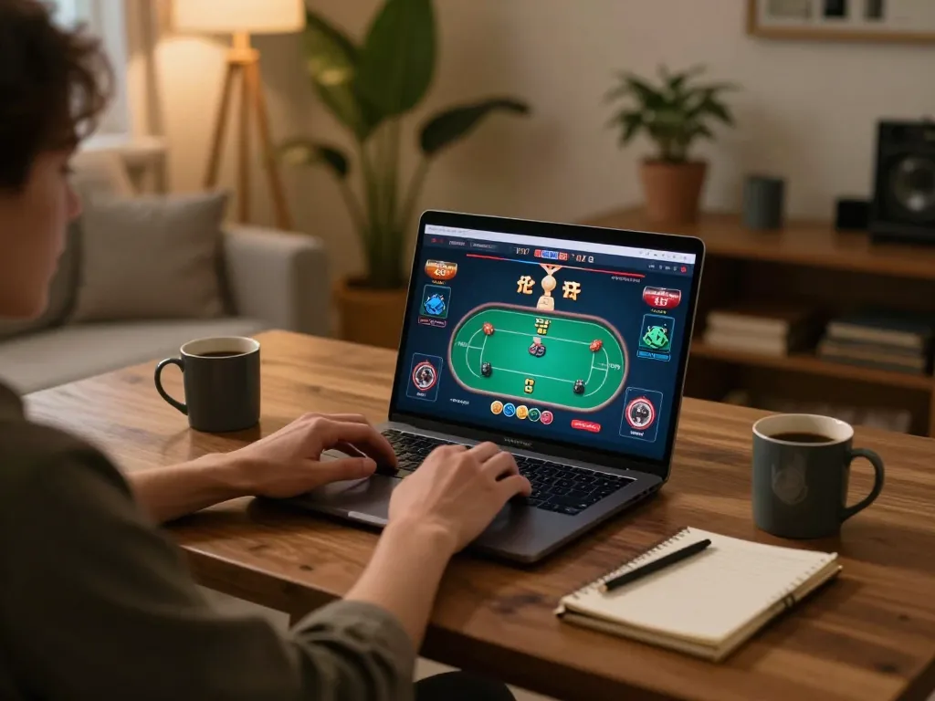 Engaging online gambling experience with a user on ok365 com enjoying poker at home.