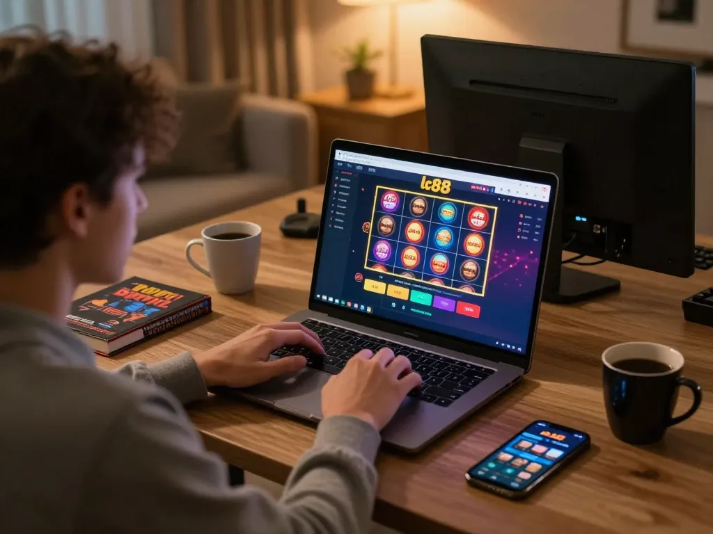 Online gamer exploring lc88 slots and live dealers from a cozy home desk setup