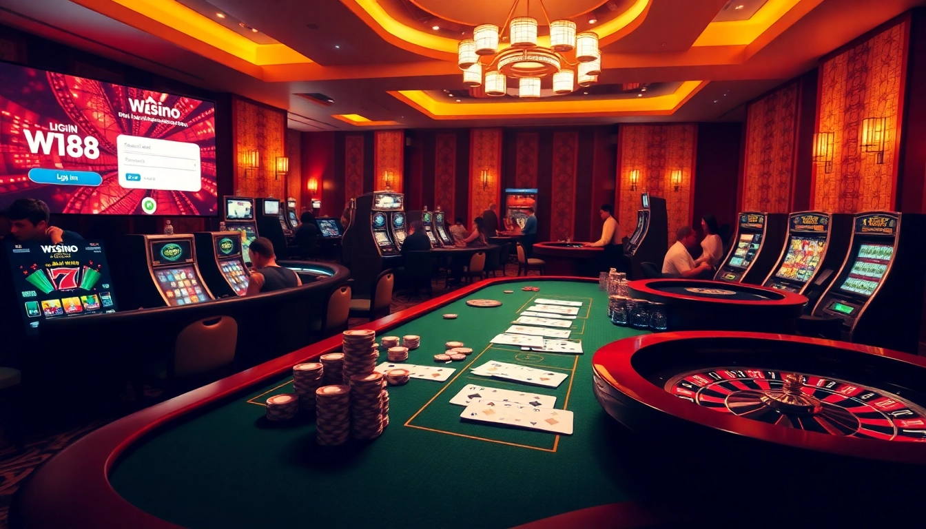 Experience the excitement of đăng nhập W188 with a vibrant online casino scene featuring poker chips and roulette wheels.
