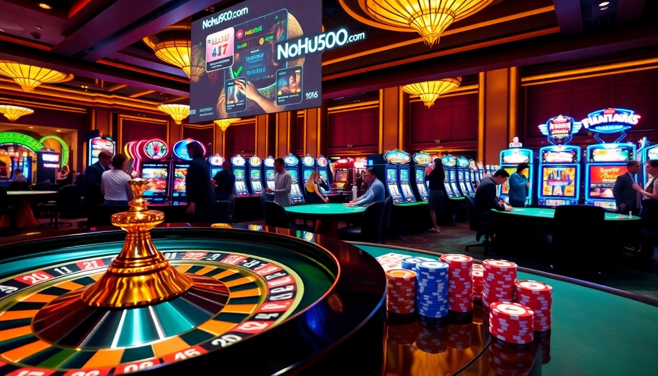 Gambling excitement at Nohu90 com casino featuring vibrant slot machines and poker games.