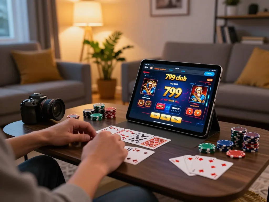 Engage with 799 club's exciting gaming platform on a tablet in a stylish home setting.