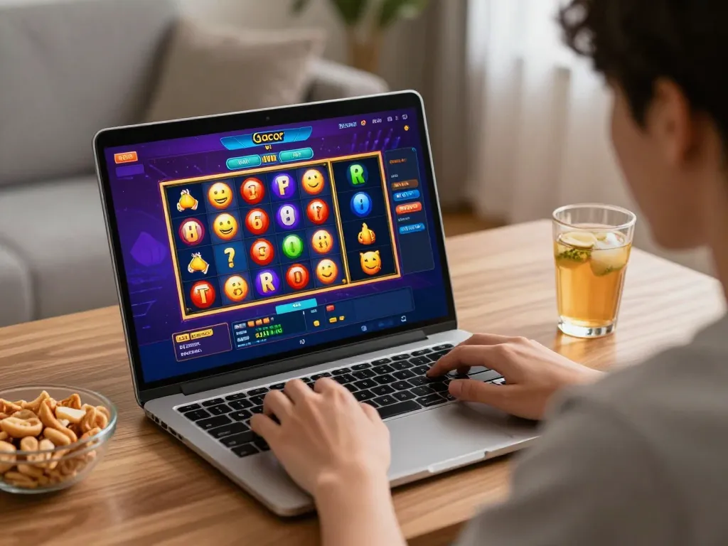 Engaged player enjoying multiple slot games on a trusted link gacor platform in a cozy home environment.