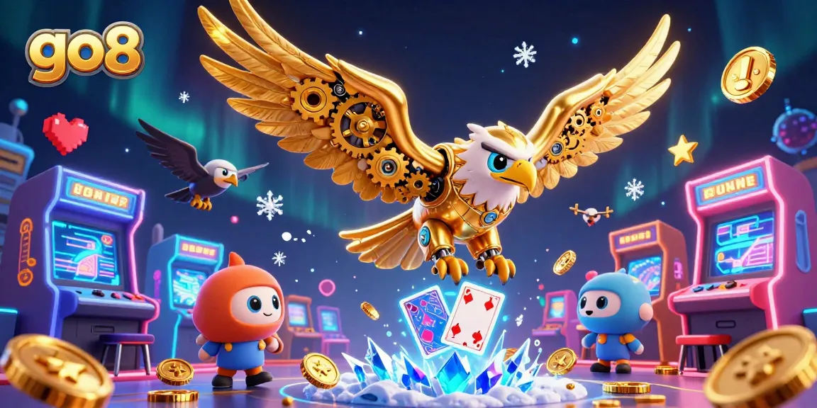 Engage with go8’s dynamic gaming excitement through a golden eagle diving amidst colorful casino elements.