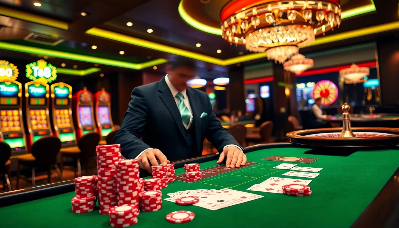 A vibrant casino table scene with cards and chips, inspired by https://tr88.bio/ for thrilling gambling experiences.