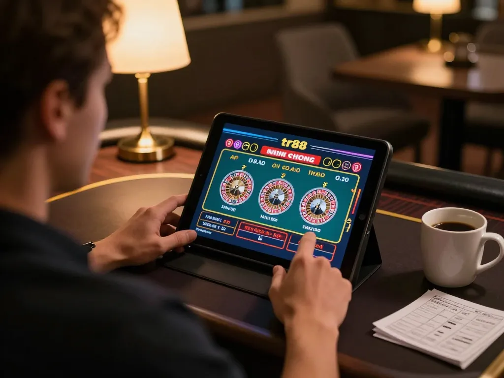 Engaging in online gaming at a stylish workspace, exploring tr88 strategies for better chances.